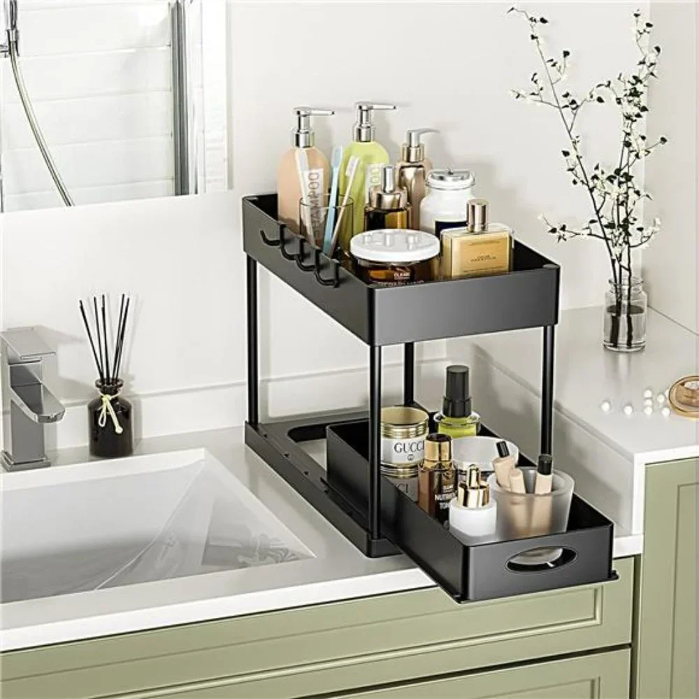 2 Pack Under Sink Organizer, 2-Tier Sliding Cabinet Basket Organizer with Hooks